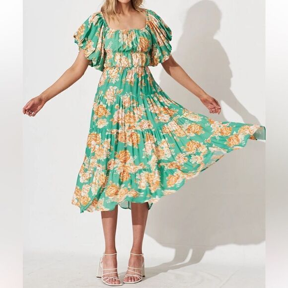 New Boho Midi Dress In Green With Orange Floral tiered  Dress - Picture 1 of 10